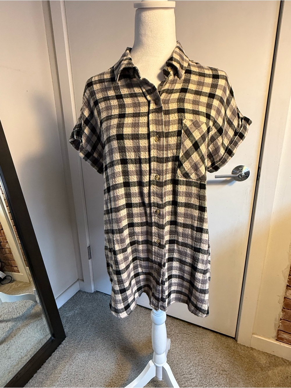 Button-Front Plaid Shirt Dress in Black and Cream